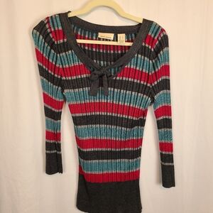 DKNY jeans ladies S striped sweater Y2K snug fit 3/4 length sleeves